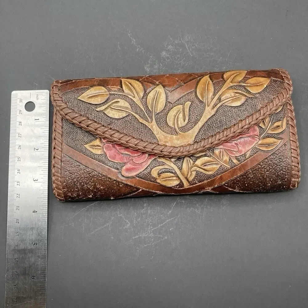 Vintage Hand Made Carved Leather Red Brown Tree Flower Floral Wallet Card Holder
